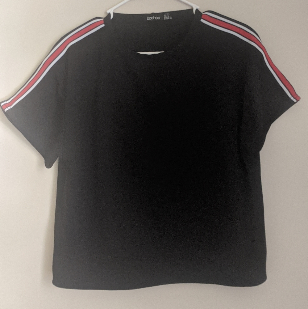 Black T-shirt with red and white stripes